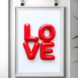 May include: A framed print with the word "LOVE" in large, red, glossy letters. The letters appear to be made of inflated balloons.