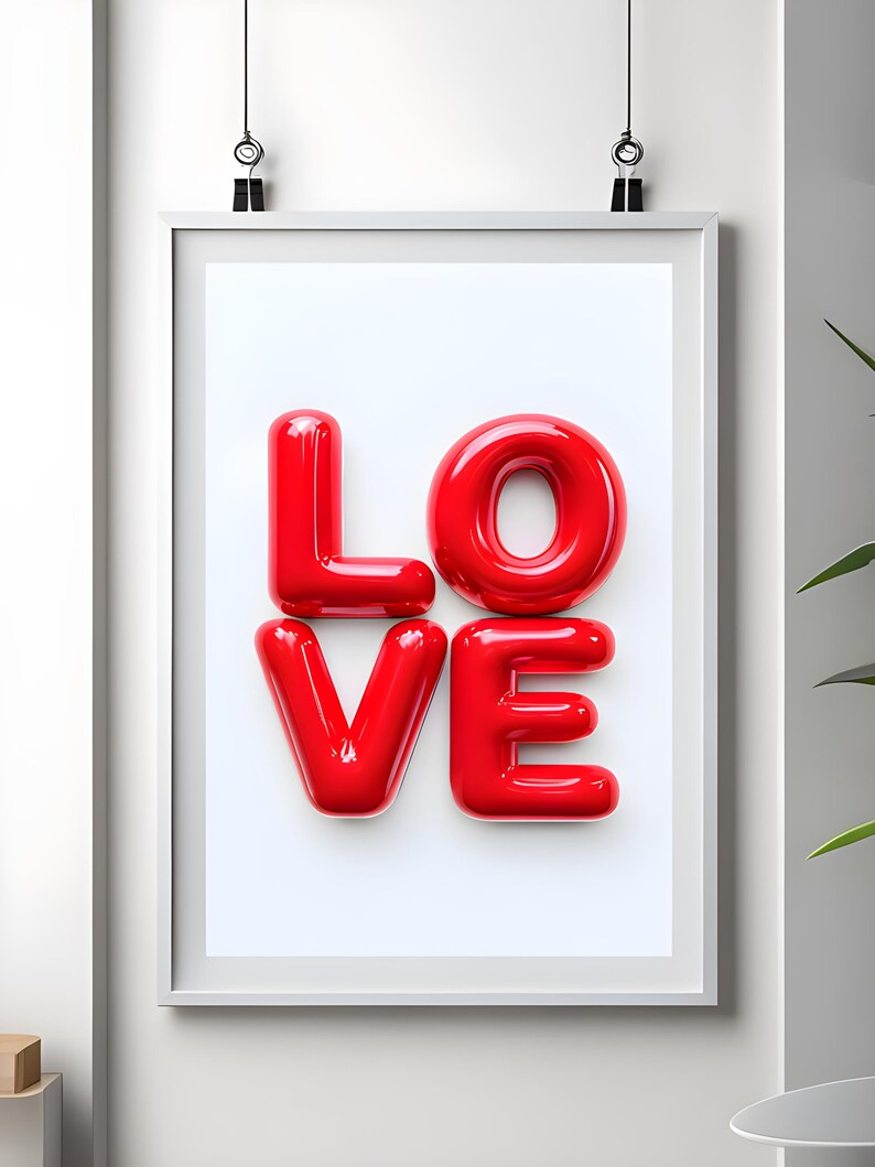 May include: A framed print with the word "LOVE" in large, red, glossy letters. The letters appear to be made of inflated balloons.