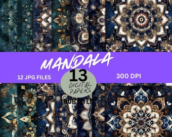 Cosmic Mandala Digital Paper, Colorful Mandala Digital Paper, Mandala Images,12 Designs, 12&quot;x 12&quot;, Commercial Use, Watercolor Mandala