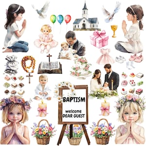 Watercolor Baby Girl Baptism Clipart, colorful Baptism , Baptism Party   Png Files, Commercial Use,clipart of flowers,sweet,wreaths,family