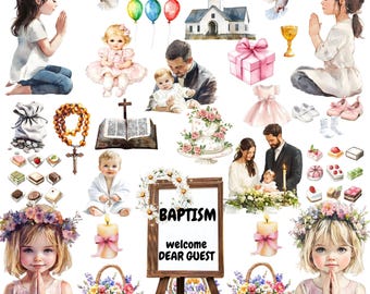 Watercolor Baby Girl Baptism Clipart, colorful Baptism , Baptism Party   Png Files, Commercial Use,clipart of flowers,sweet,wreaths,family