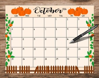 October 2026 Calendar: Garden Theme, Printable & Editable (Digital Download)