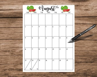 August 2026 Calendar: Watermelon Theme, Printable & Editable (Digital Download)