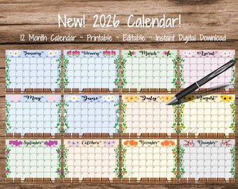 2026 Floral Garden Theme Calendar | Printable & Editable (PDF Digital Download)