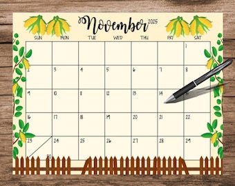 November 2025 Calendar: Garden Theme, Printable & Editable (Digital Download)