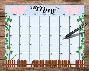 May 2026 Calendar: Floral Theme, Printable & Editable (Digital Download)