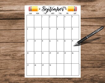 September 2026 Calendar: Pencil Theme, Printable & Editable (Digital Download)