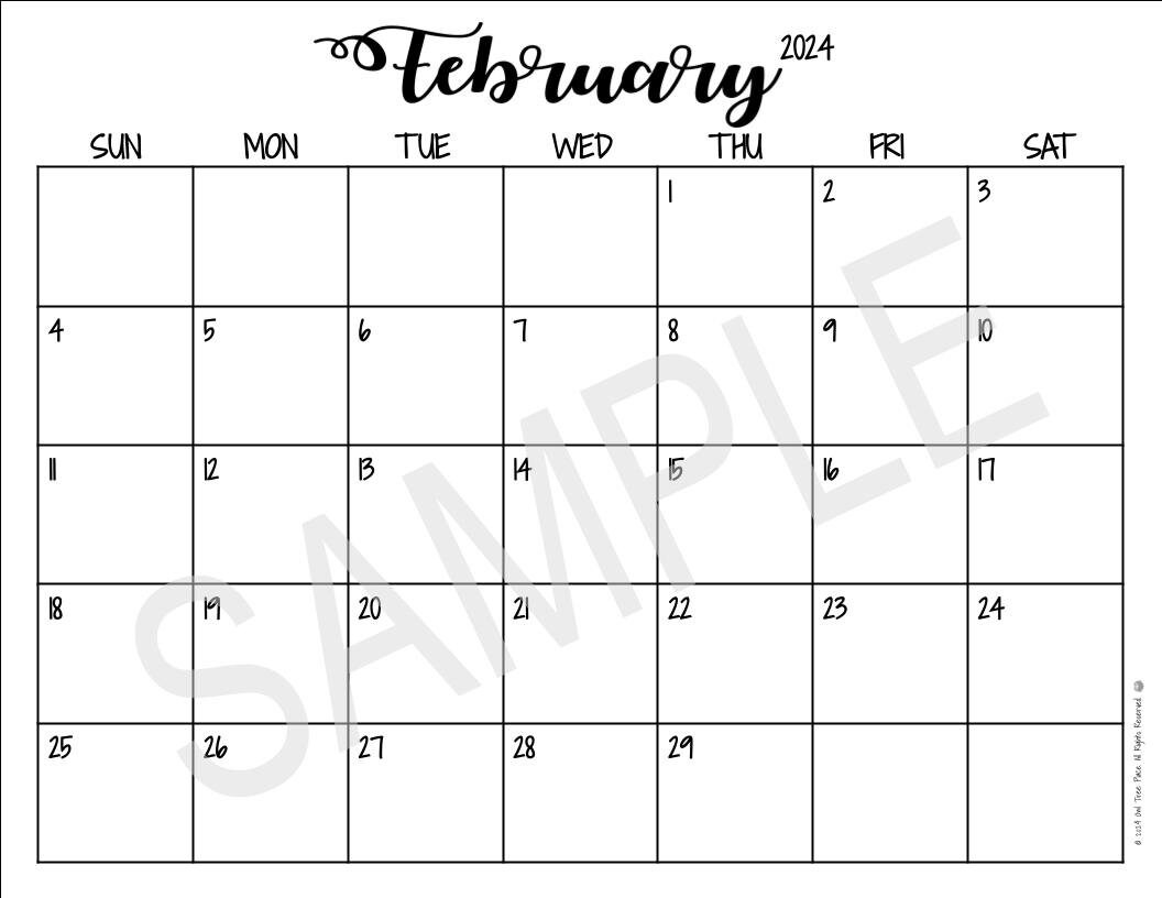 February 2024 Calendar Digital Download, PDF, SVG, JPG, Printable