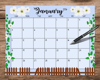 January 2026 Calendar: Garden Theme, Printable, Editable (Digital Download)