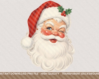 Vintage des années 1950 Santa Face PNG, Clipart Noël rétro, vacances à l'ancienne imprimable, sublimation de Noël nostalgique (téléchargement numérique)