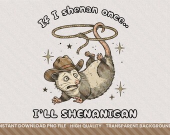 Manigance PNG | Sublimation drôle d'opossum de cowboy | Conception occidentale d'opossum | Art rétro de gang de poubelles | Possum suspendu | Clipart pays | Sauvage