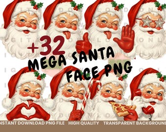 Plus de 32 images PNG vintage de visage de père Noël | Sublimation de Noël rétro | Père Noël drôle des années 50 | Lunettes de soleil cool Père Noël | Sticker classique des fêtes