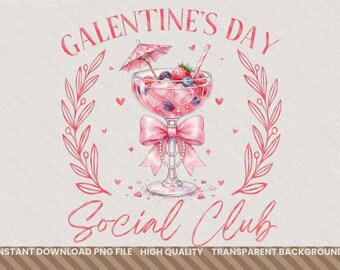 Saint-Valentin PNG | Conception de cocktail coquette avec noeud | Sublimation du Social Club des Galentines | Chemise de nuit pour fille imprimée | Noeud rose tendance PNG