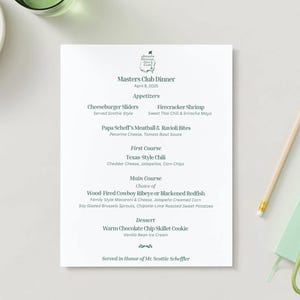 Masters Club Dinner Menu Bearbeitbare Canva-Datei