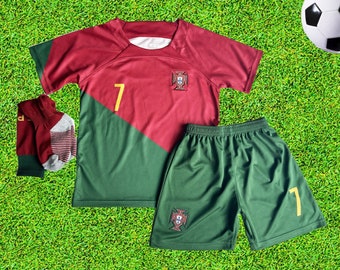 Portugal Team short and jersey soccer Set with #7 RONALDO,New Kids Portugal Ronaldo Home Premium Soccer Uniform 2022,Portugal 2022 Ronaldo