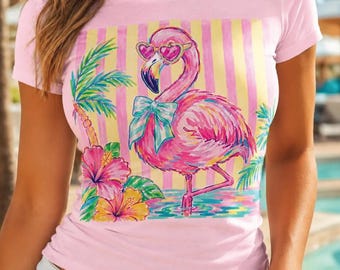 Preppy Flamingo Summer PNG, Tropical Beach Vibes Design (Digital Download)
