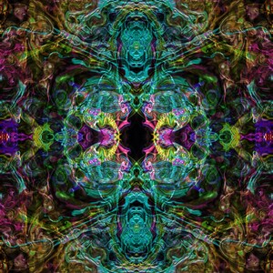 May include: Abstract digital art with a symmetrical design. The artwork features a complex pattern of swirling lines and shapes in shades of teal, purple, green, yellow, and black. The overall effect is psychedelic and visually engaging.