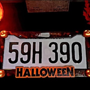 May include: A white license plate with the numbers 59H 390 and the word "HALLOWEEN" in orange letters. The plate is decorated with small jack-o'-lantern lights.