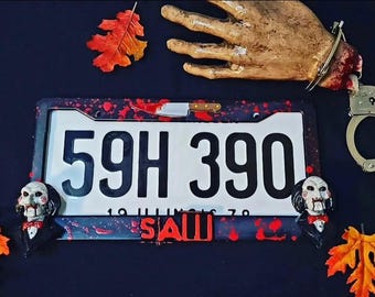 Handmade Saw Jigsaw Halloween License Plate Frame Horror Collection Doll