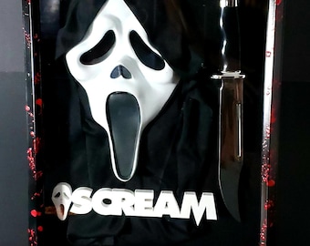 Custom Ghost Mask & Knife W/ Bloody Shadow Box Frame Horror Prop Slasher Halloween Horror