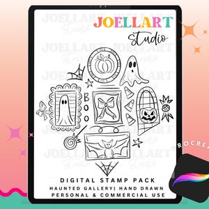 May include: A digital stamp pack displayed on a tablet, featuring hand-drawn Halloween-themed illustrations. The black and white designs include a pumpkin, ghost, bat, and spiderweb. The text reads "JOELLART Studio" and "DIGITAL STAMP PACK".