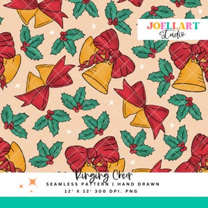 May include: Seamless pattern featuring hand-drawn Christmas bells with red bows, green holly, and white stars on a beige background. The text "Ringing Cheer" is included. The design is 12 x 12 inches.