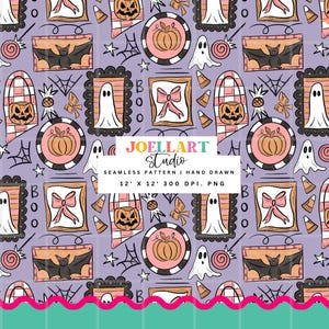 May include: A seamless Halloween pattern featuring pumpkins, ghosts, bats, bows, and candy corn on a lavender background. The design includes framed illustrations and the text "JOELLART Studio". The pattern is hand-drawn and suitable for various applications.