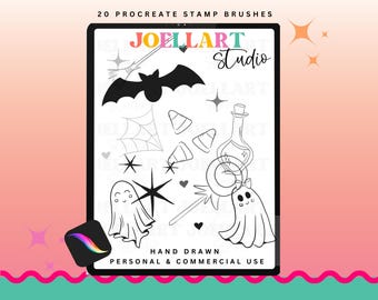 May include: A digital art product displayed on a tablet. The image features black and white Halloween-themed illustrations, including a bat, spiderweb, candy corn, and ghosts. Text on the tablet reads "20 Procreate Stamp Brushes" and "JOELLART Studio."