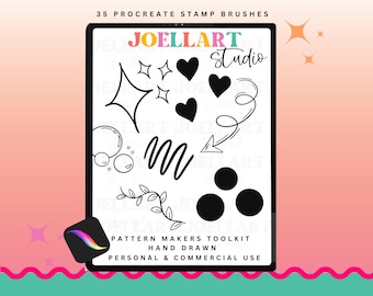 May include: A digital art product displayed on a tablet. The screen shows various black line art stamp brushes, including hearts, stars, and arrows. Text on the screen reads "JOELLART Studio" and "PATTERN MAKERS TOOLKIT". The background is a gradient of pink and peach.