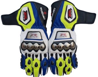 Suzuki GSXR Motorbike Cowhide Leather Gloves, Suzuki Biker Racing Motorcycle Gloves