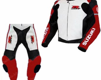 Suzuki GSXR Leather Motorcycle Racing Suit: New Suzuki Biker Racing Motorbike Suit Riding Gear