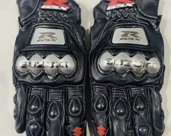 Suzuki GSXR Motorbike Leather Gloves, Motorcycle Biker Racing Gloves Black
