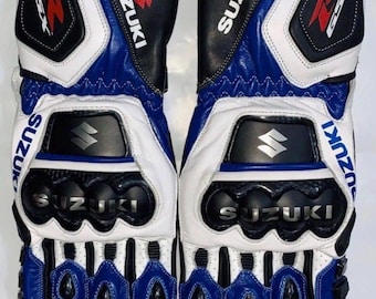 Suzuki GSXR Motorbike Racing Gloves | Blue White Leather Motorcycle Gloves