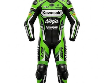 Kawasaki Ninja Leather Racing Suit, Green One-Piece Biker Track Gear