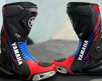 Botas de cuero para moto Yamaha Racing - Botas negras para motociclistas - Botas protectoras para motoristas