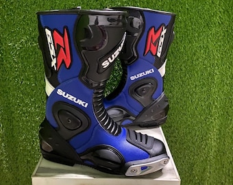 Suzuki GSXR Racing Motorcycle Leather Boots - Blue Motorbike Riding Shoes - Protective Biker Boots