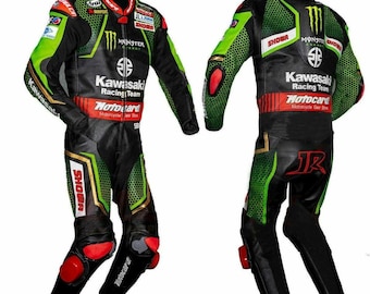 Kawasaki Motorbike Original Cowhide Leather Suit, Kawasaki Biker's Racing Motorcycle Suits