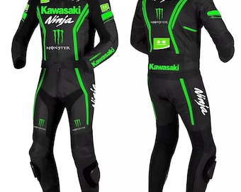 Kawasaki Motorbike Original Cowhide Leather Suit, Kawasaki Biker's Racing Motorcycle Suits