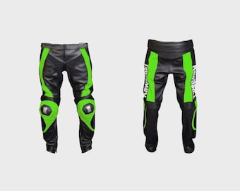 Kawasaki Racing Motorbike Leather Pant, Kawasaki Handmade Motorcycle Biker Trouser