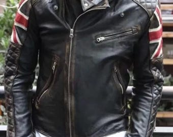 Triumph Motorbike Original Cowhide Leather Jacket, Black Vintage Union Flag Biker&#39;s Racing Motorcycle Leather Jacket - CE-Approved