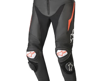 Alpinestars Track V2 Black Red Fluorescent Motorbike Original Cowhide Leather Pants/Trousers, Motorcycle Biker&#39;s Racing Pantalon