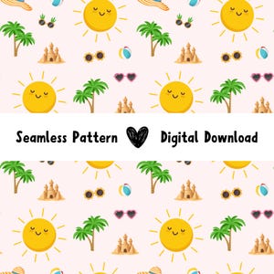 Beach Digital Paper, Summer Sunshine Seamless Pattern, Cute Tropical Scrapbook Paper, Palm Trees & Sandcastles, Instant Download