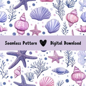 Papel digital de conchas de aquarela - Conchas rosa e roxas - Padrão de praia sem costura para scrapbooking, diários de lixo, impressão