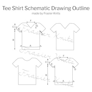 Puede incluir: Un dibujo esquemático blanco de un contorno de camiseta con medidas etiquetadas de la A a la G. El texto "Tee Shirt Schematic Drawing Outline" y "made by Frasier Knits" están en la parte superior.