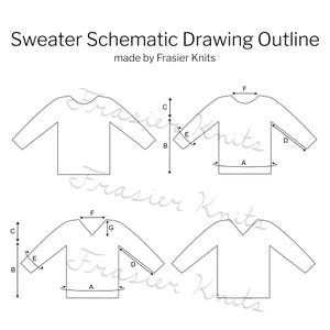 Peut inclure: Un dessin schématique en noir et blanc de modèles de pulls avec des mesures étiquetées de A à G. Le texte "Sweater Schematic Drawing Outline" et "made by Frasier Knits" sont en haut de l'image.