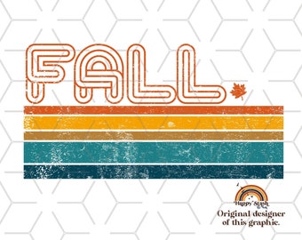 May include: Retro style graphic design with the word "FALL" in bold, outlined letters. The letters are layered over a series of horizontal stripes in shades of orange, yellow, blue, and green. A small orange leaf is to the right of the word "FALL".