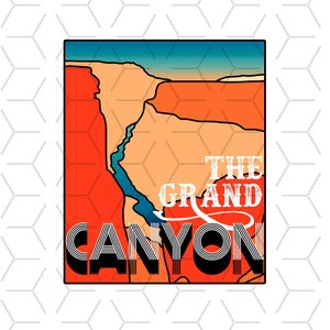 May include: A rectangular graphic featuring a stylized illustration of the Grand Canyon. The image uses a palette of orange, red, blue, and beige. The text "THE GRAND CANYON" is prominently displayed in a vintage font.