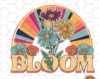 Retro Bloom Blume PNG: Regenbogen Sublimationsdesign (Digitaler Download)