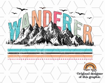 May include: A colorful graphic design with the word "WANDERER" in rainbow colors, with a mountain range behind the word. The design has a vintage, distressed look and is set against a white background.