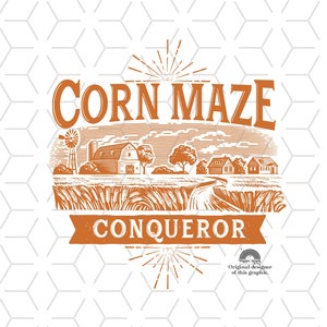 Pode incluir: Ilustração vintage em estilo laranja e marrom de um labirinto de milho com uma cena de fazenda, um moinho de vento e o texto "Corn Maze Conqueror".